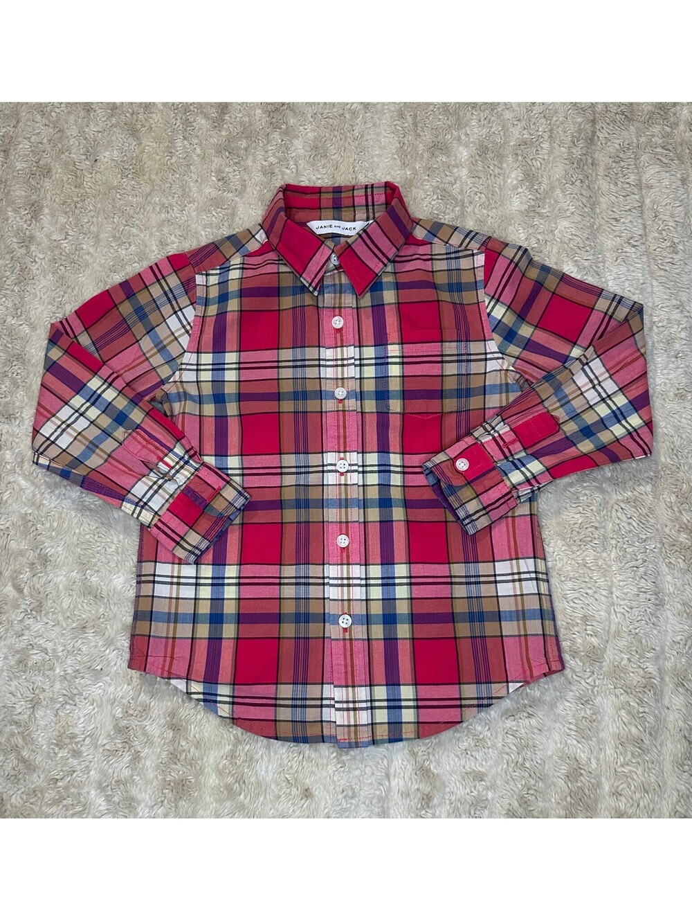 Janie and Jack pink multicolored plaid 100% cotton long sleeve button-up shirt 4